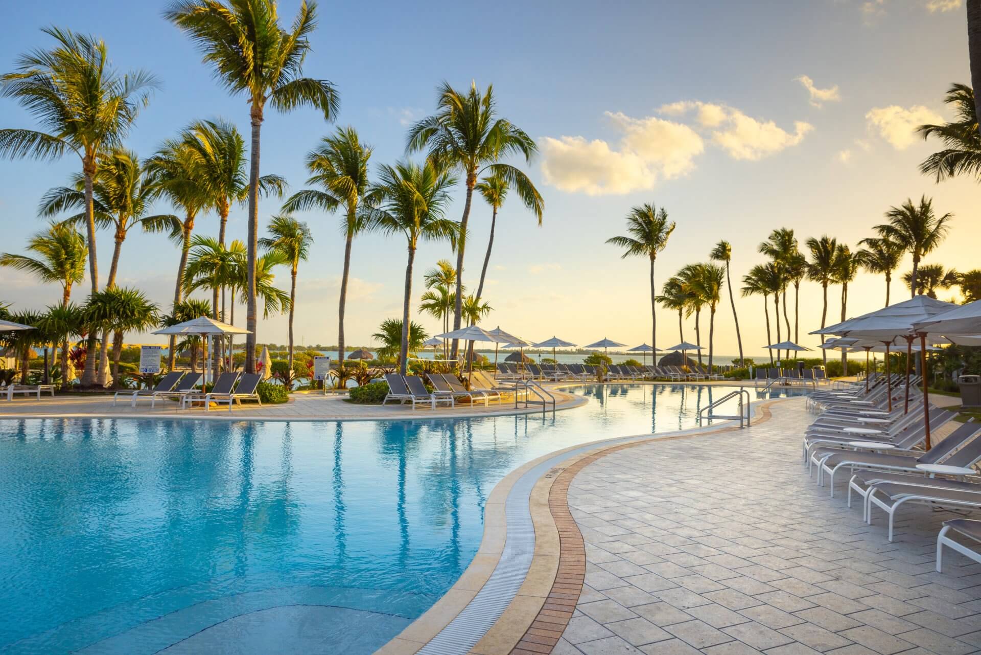 Resort-style swimming pool lined with palm trees, lounge chairs, and umbrellas overlooking the ocean at sunset.