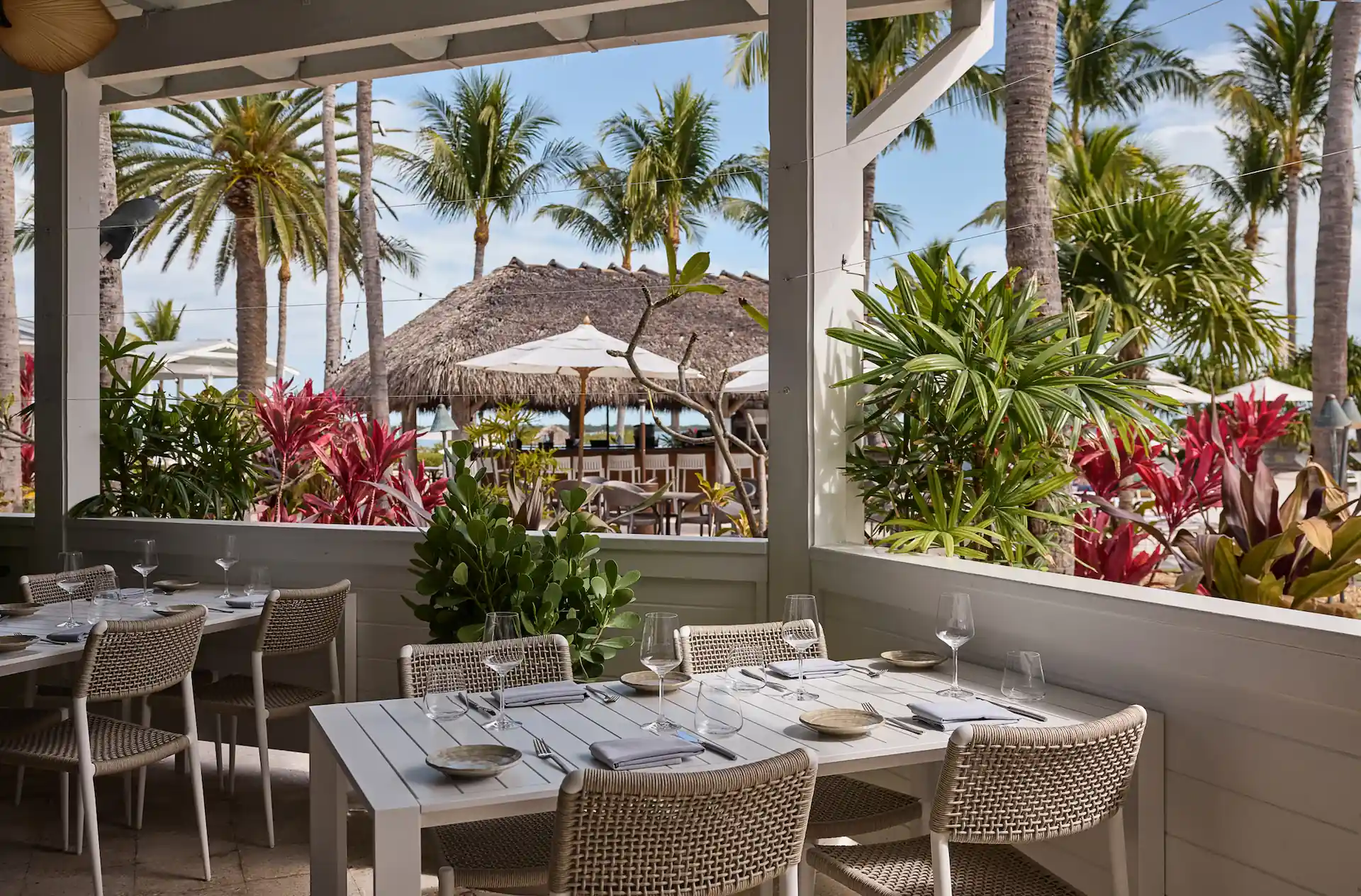 Outdoor restaurant patio with set tables, tropical plants, palm trees, and a thatched-roof bar in the background.