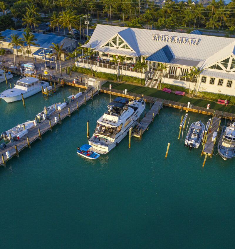 Aerial view of Angler & Ale waterfront restaurant with docked boats, marina slips, and palm-lined shoreline.